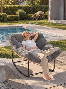 【Double-Side Fabric】ONBRILL Oversized Indoor Outdoor Rocking Chairs, Comfy Papasan Rocking Chair with Padded Cushion, Rattan Wicker Lounge Chair, Modern Reading Accent Chair for Balcony Garden, LivingRoom Furniture,Christmas Gift【SummerFinds】