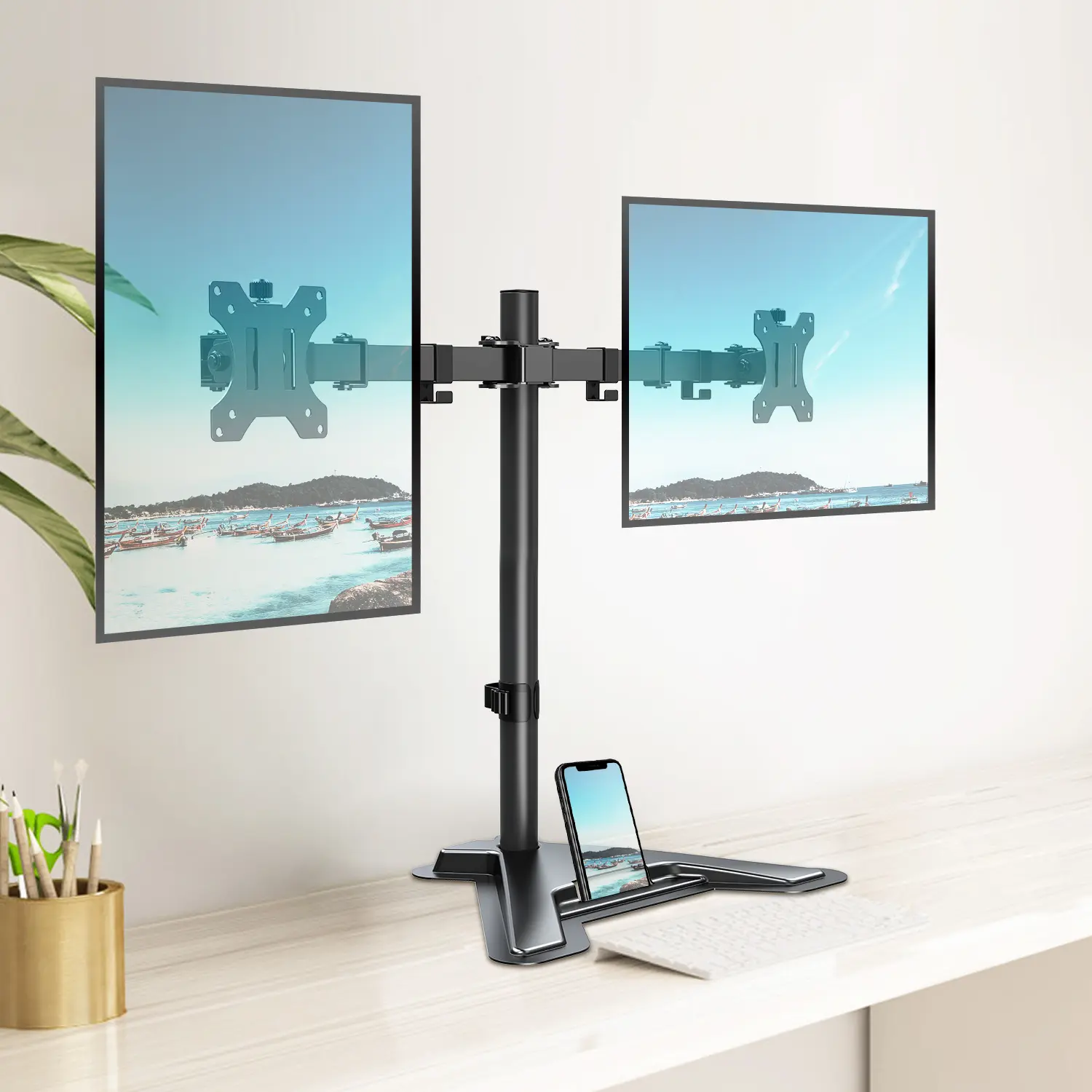 MOUNTUP 13"-27" Dual Monitor Stand - Freestanding & Height Adjustable Monitor Desk Mount MU1002
