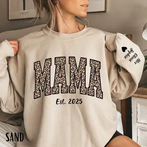 Custom Leopard Mama Sweatshirt With Kid Name On Sleeve, Personalized Mom Sweatshirt, Mothers Day Gift, Mama Est 2025 Sweatshirt, Classic Cotton