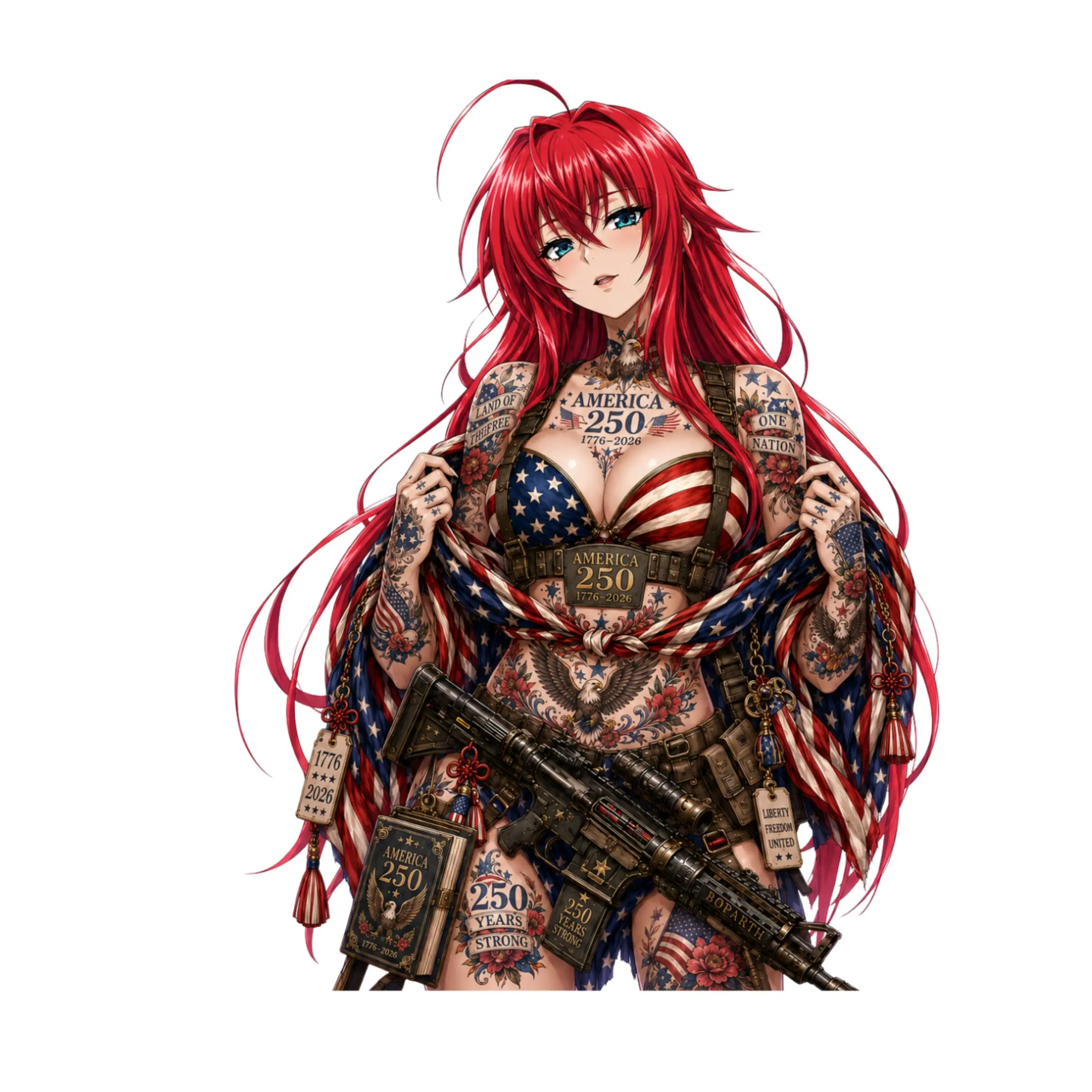 Rias Patriotic Anime Warrior Sticker, America 250 Tactical Decal, USA Tattoo Vinyl Sticker
