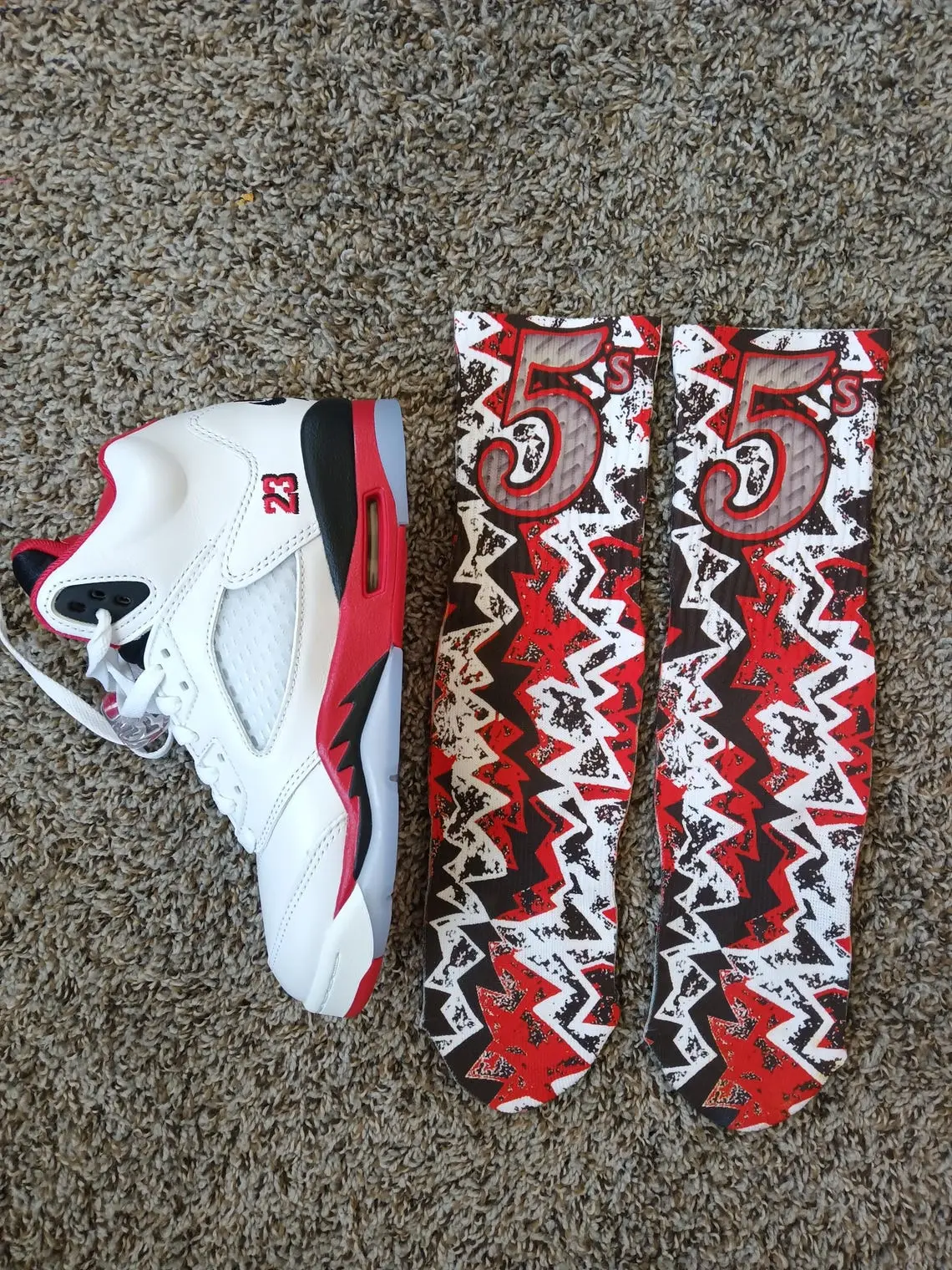 Fire Red 5s Matching Socks – Custom Sneaker Socks, Retro 5 Jordan Basketball Crew Socks for Men & Women