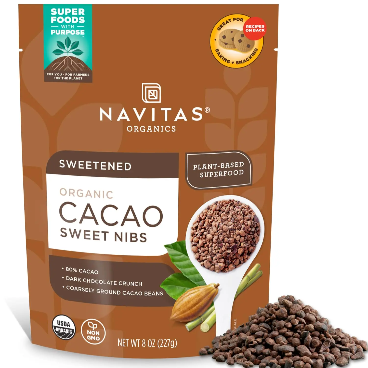 Navitas Organics Cacao Nibs - Sugar-Sweetened Dark Chocolate Crunch - Antioxidants, Minerals, Fiber - For Trail Mix, Baking - USDA Organic, Fairtrade, Non-GMO, Gluten-Free, Non-Alkalized (8oz Bag, 57 Servings), Certified Organic, Healthy Cocoa
