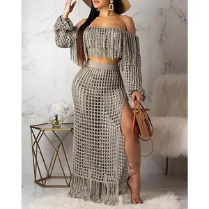 Women Swimsuit Summer Fashion Crochet Casual Mesh Tassel Off The Shoulder Long Sleeve Beach Top & Skirt Sets Swimwear Cover-Ups