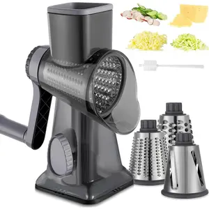 Cheese Grater Hand Crank Rotary Vegetables Shredder with Handle, 3-in-1 Graters with Interchangeable Blades and Non-slip Base Multifunctional Slicer for Kitchen