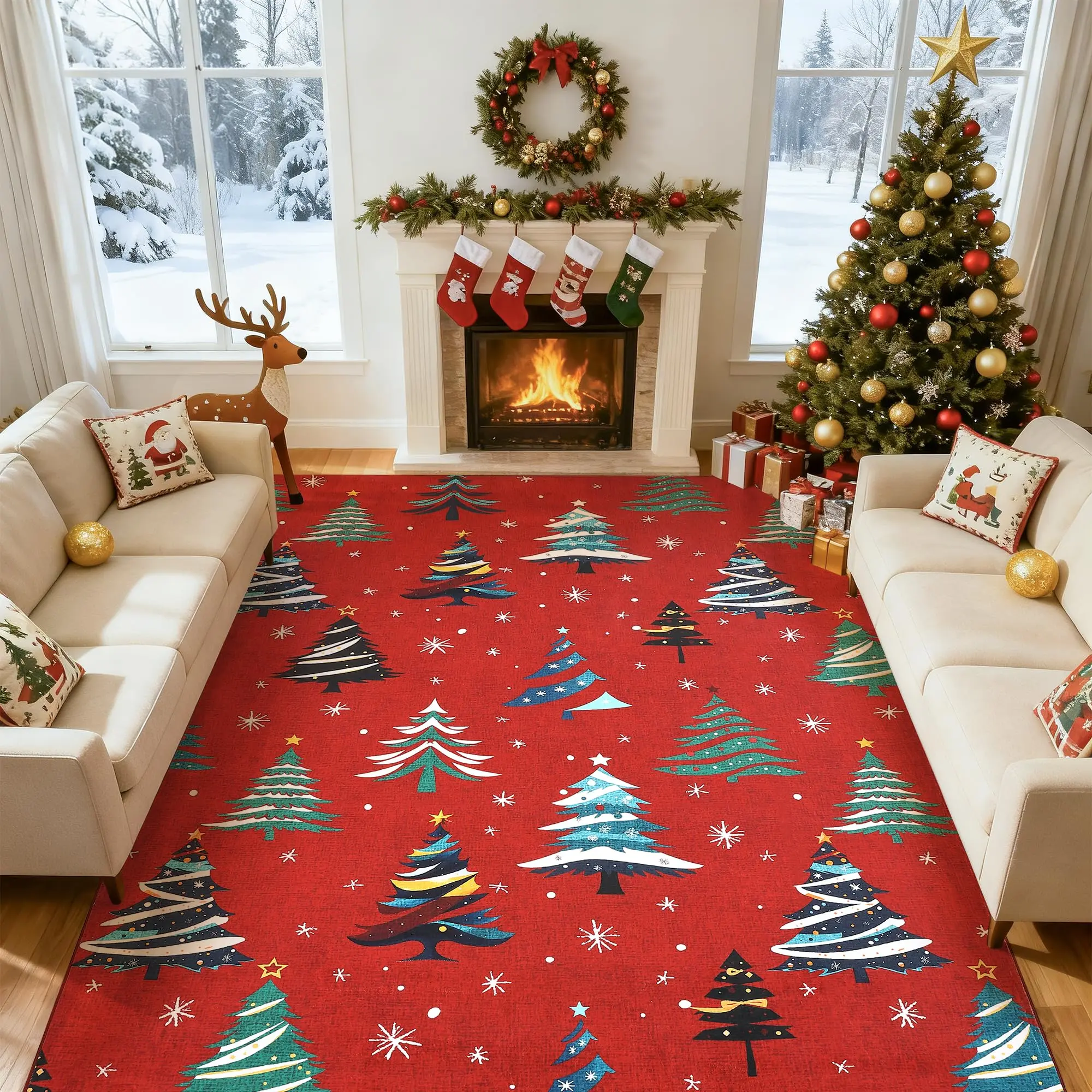 Area Rugs Living Room, Christmas Rugs with Xmas Tree Pattern for Holiday Decor, Non Slip Low Pile Washable Rug for Home, Red