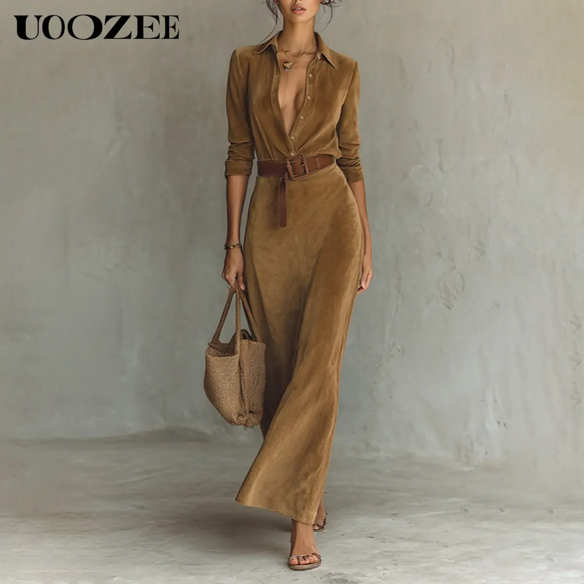 UOOZEE Women's Soft Spandex Collared Belted Lapel Shirt Dress - Autumn  Winter, Minimalist Vintage Solid Color, Long