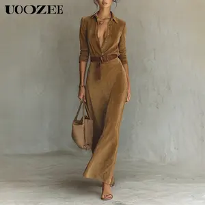 UOOZEE Women's Belted Casual Dress - Soft Spandex, Collared Lapel, Long Sleeves, High Waisted, Split-Joint, Slim Basic Fit, Minimalist Vintage Solid Color, Elegant Autumn Winter Casual Wear (Sizing Runs Small - Check Size Guide or Order Larger),summervibe