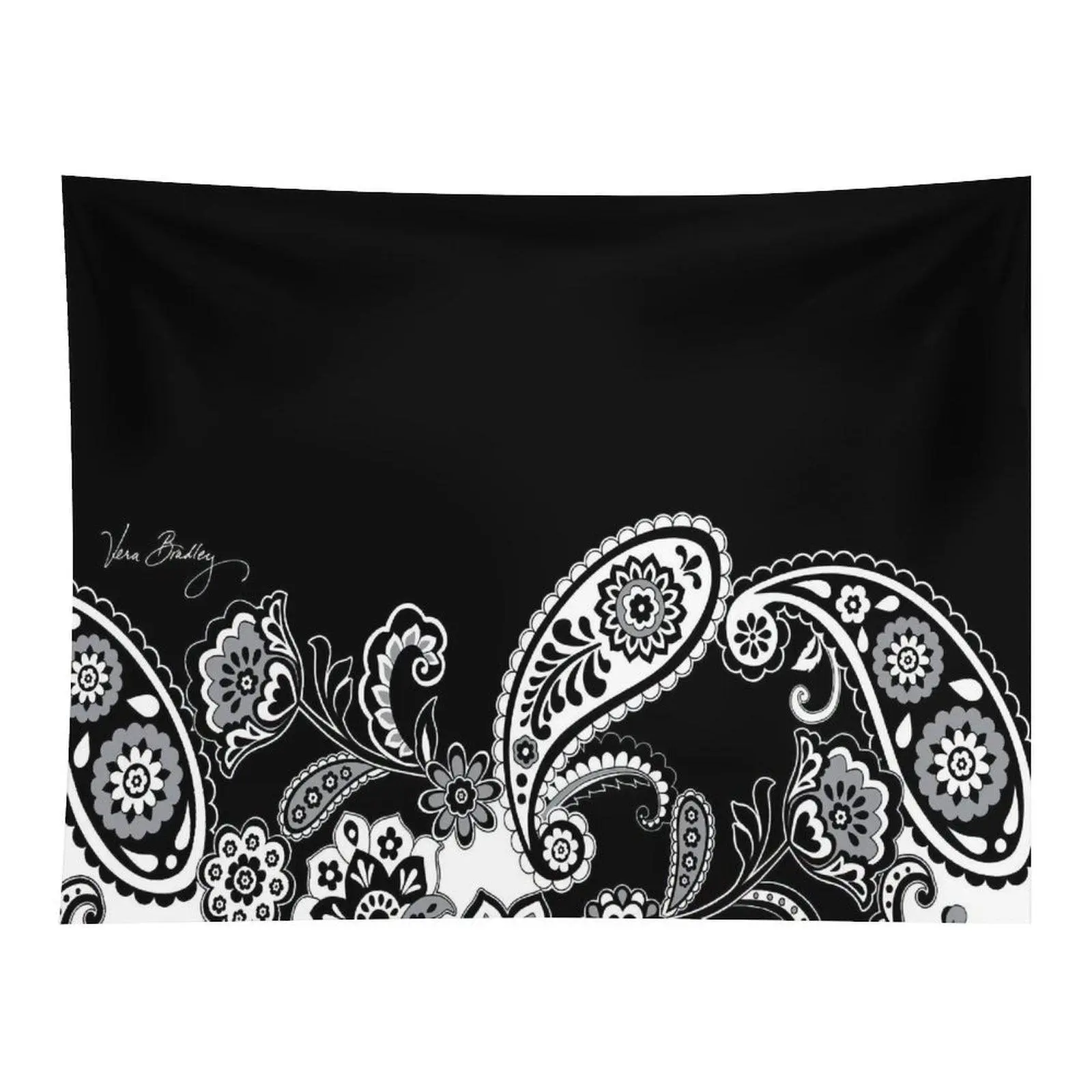 Black Background White Grey Paisley Floral Border Vintage Ornament Elegant Minimal Western Botanical Wall Tapestry For Living Room Farmhouse Decor