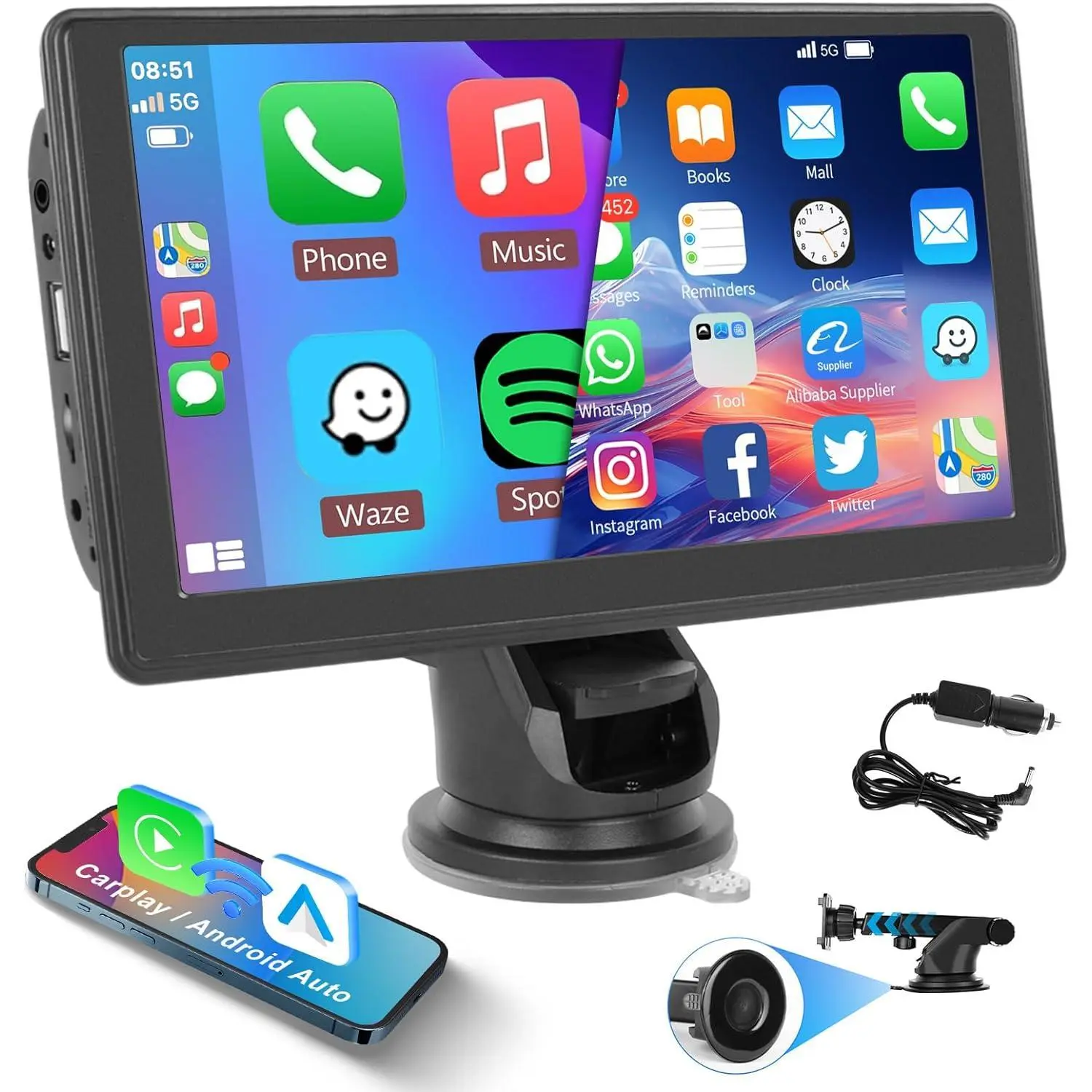 RIMOODY 7-in Portable Smart MP5 Car Audio System - Universal Mount, CarPlay, Android Auto, AirPlay, Bluetooth Music, Car Camera Compatible, Vehicle Accessories, Auto Parts Accessories, Father's Day Gift