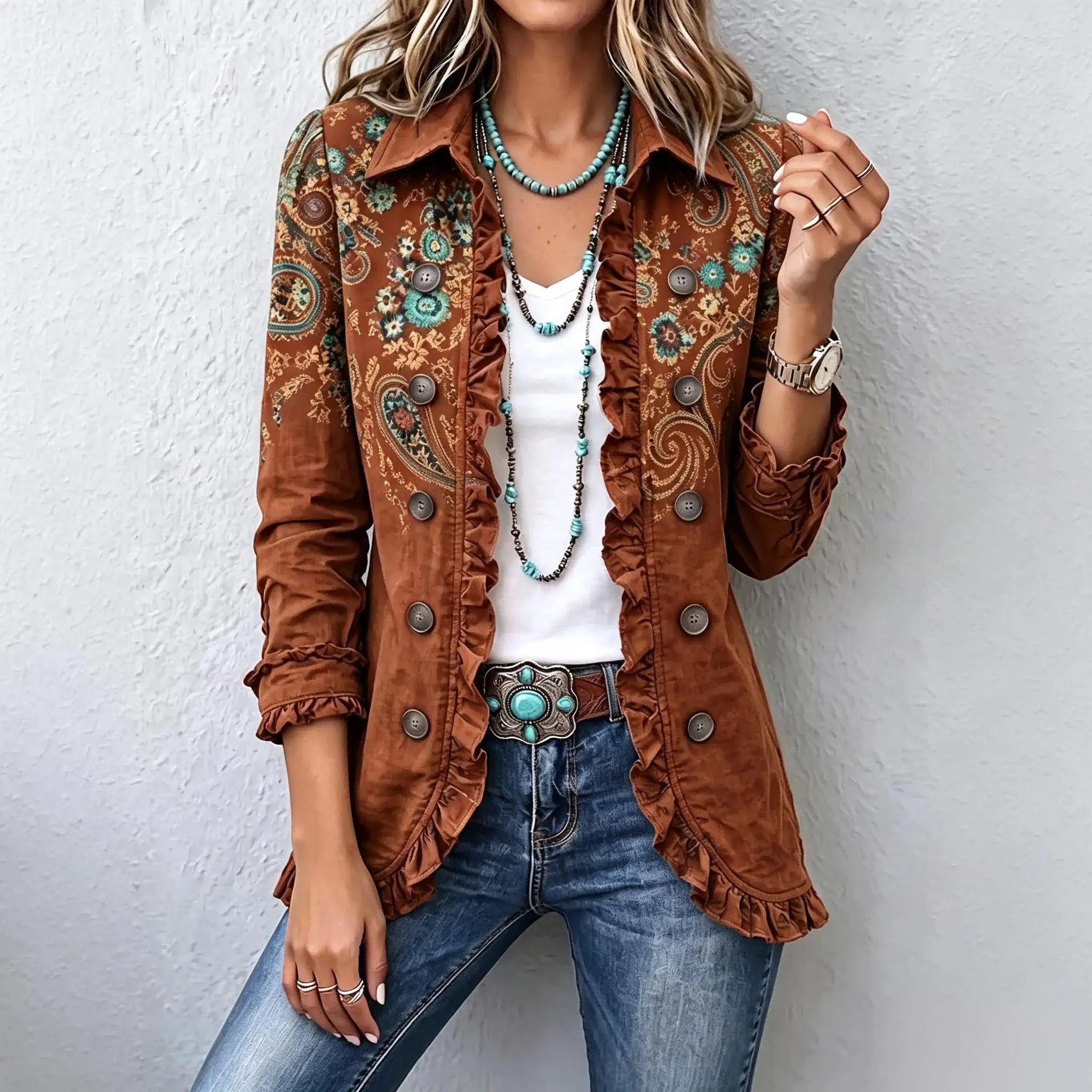 Fashionable and trendy short jacket with ruffled hem, featuring a lapel and double breasted ruffled hem. New jacket with ruffled edges Womenswear Coats