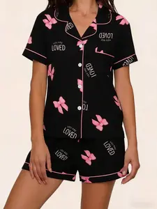 Bottom Bowknot Printed Lapel Short Sleeve Shorts Pajama Set, Contrast Binding Design, Casual Loose Fit Home Sleepwear