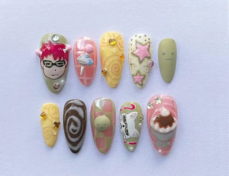 Saiki K Press On Nails, Kusuo Saiki Anime Pink Green Fake Nails, Kawaii 3D Character Checkered Star Rhinestone Nail Art, Handmade Reusable Nail Set | Gift Set (Adhesive Tabs, Nail File, Cuticle Stick)
