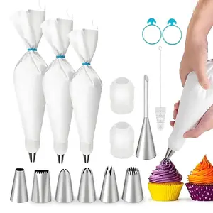 15Pcs Cake Decorating Piping Bags & Tips Set, 3 Sizes 14/16/18In Reusable Pastry Bags, 7 Icing Tips, 2 Couplers, 2 Silicone Rings & 1 Cleaning Brush, Eco Friendly Baking Kit for Cupcake Cookie Home Baking