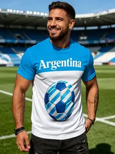 Argentina Football Theme 3D Print Men's Short Sleeve T-Shirt, Blue Patchwork, Casual Slim Fit, Summer Sports Fashion