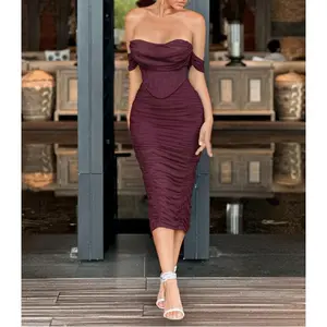 Strapless Women's Cocktail Party Mid-Length Dress with Built-in Bra Ruched Corset Autumn Homecoming Wedding Guest