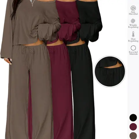 Women's 2-Piece Sleepwear Loungewear Homewear Set, Elegant Basic Solid Color Casual Loose-Fit Long Sleeve Thermal Top and Drawstring Pants, Comfy Pajama Set for Autumn and Winter Pjs