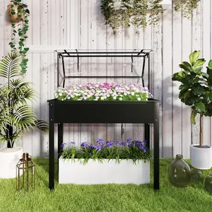 Black Elevated Garden Box with Greenhouse Cover Raised Garden Bed Legs Drainage Hole for Vegetables Herbs 39 Inch Wide Clear Plastic Flip Up Roll Up Door for Patio Balcony Small Space