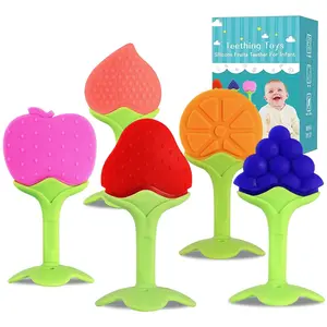 5 PCS Baby Teething Toys, Soft Fruit Teething Toys for Babies 0-6 Months 6-12 Months, Silicone Baby Teethers Stick Freezer Safe for Infants and Toddlers