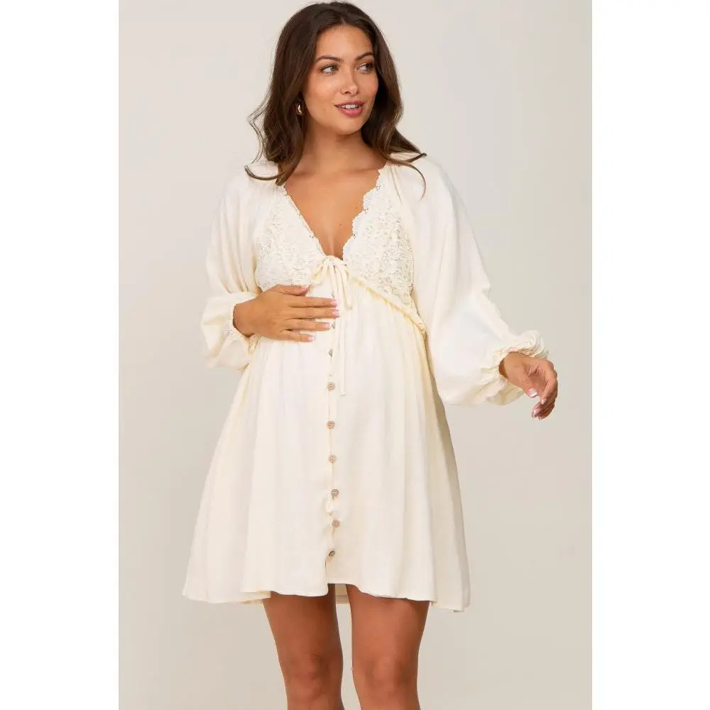 Beige Crochet Lace Button Front Maternity Dress