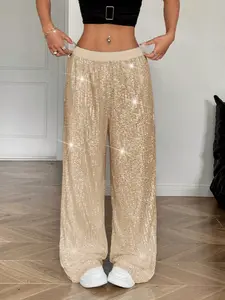 Women's High-Waisted Flared Pants, Contrast Sequins Design, Summer Casual Fitted Style, Breathable Slimming Fit, Perfect for Parties &