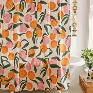 Fruit peach pattern forest shower curtain design, polyester fabric, windows and walls, bathtub, bathroom home decoration shower curtain, all season universal shower curtain, bathroom decoration curtain, with 12 hooks