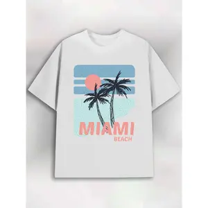 Men'S Round Neck T-Shirt in White Featuring a Miami Beach Palm Graphic, Ideal for Summer Activities And Hip-Hop Streetwear. A Stylish Choice for Exercise, with Trendy Printed Designs Suitable for The New Spring And Autumn Seasons
