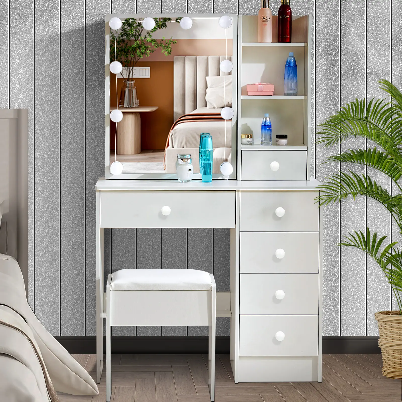 Sturdy MDF Wood Modern Makeup Vanity Dresser - 10 LED Lighting Sliding Built-in Light Fixture, 6-Drawer Storage, No Sponge, Leather Accents, Bathroom & Makeup Organization Furniture, Assembly Required