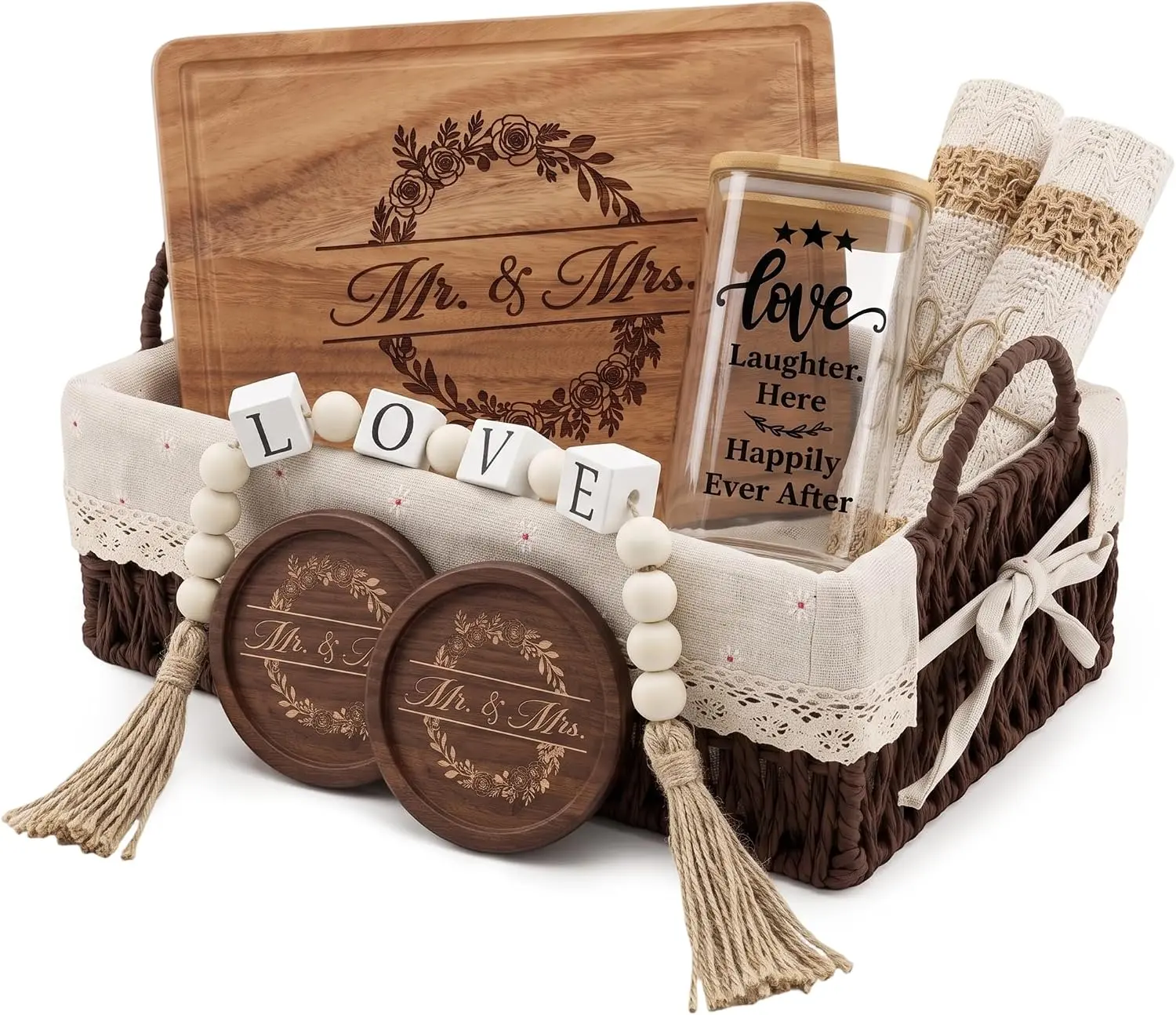 Physkoa  Mr and Mrs Wedding Gifts for Couple, Newlywed Gift Basket Set with Wooden Tray, Glass Jar, Coasters, LOVE Bead Garland and Linen Placemats, Bridal Shower Engagement Gifts for Newlyweds