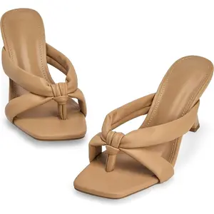 Coutgo Womens Thong Heels Mules Square Toe Heeled Flip Flops Mule Sexy Stiletto Dress Party Sandals