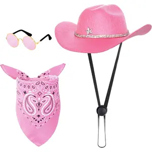 3 Pcs Pet Cowboy Costume Cowboy Hat Bandanas with Sunglasses for Cats and Dogs for Halloween Christmas Holiday Party Cosplay (Pink)