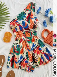 Women's Multicolor Tropical Print One-Shoulder Romper, Elastic Waist Beach Short Dress, Stylish Summer for Ladies