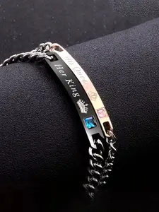 "His Queen, Her King" Couple Bracelets, Durable Bracelet (Set of 2) — Black & Rose Gold Chain-Link Crystal Design. Men's 316L Stainless Steel Chain Inlaid with Cubic Zirconia. The Promise and Anniversary Gift for Boyfriend or Girlfriend.