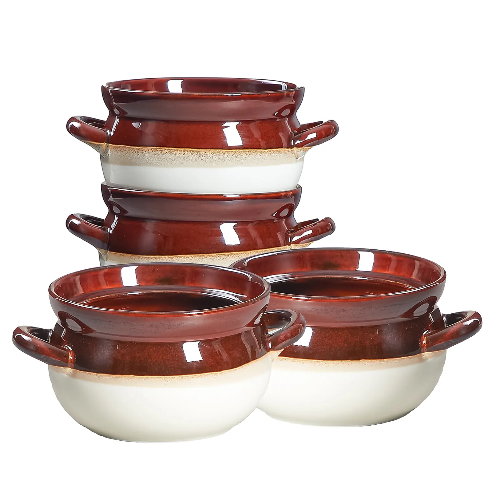 ONEMORE Porcelain 4pcs Ceramic French Onion Soup Bowls Set -  30 Oz Soup Bowls with Handles, Dishwasher Safe, Microwaveable, Oven Heated, Non-Toxic, Lead-Free, Durable, Easy to Clean