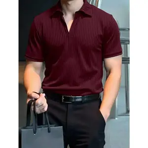 Striped Rib-Knit Burgundy Polo Shirt For Men – Regular Fit Business Style
