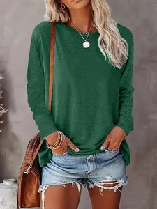 Women's Solid Color Basic Plain Lady T-shirt Casual Fitted Lightweight Round Neck Daily Commuter long-sleeve T-shirt，TikTok Trending T-shirt Women ，Outfit Murah T-shirt Wanit,Comfortable Fabric Women Tops, Womenswear