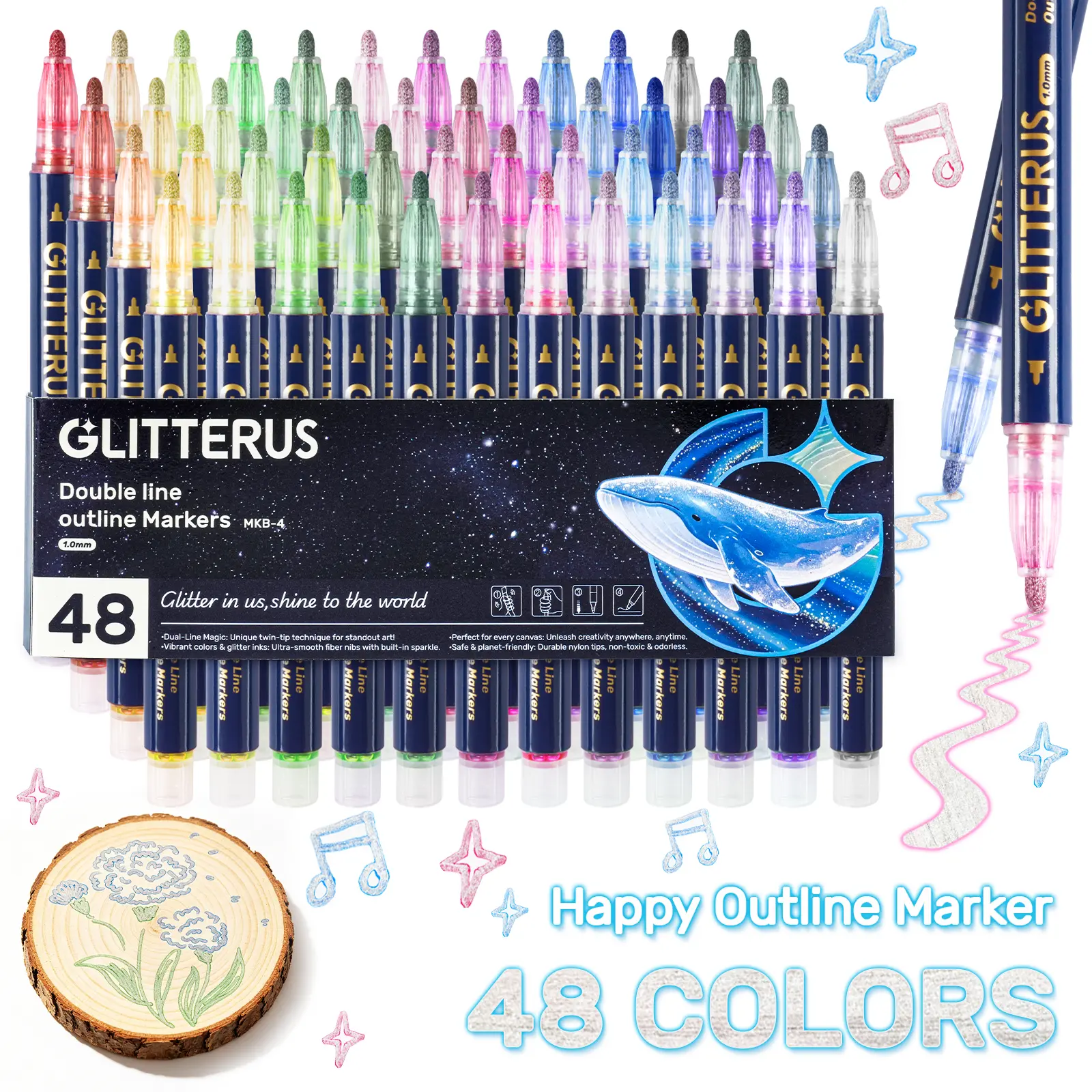 Glitterus Outline Shimmering Markers & Glitter Metallic Gel Pens with Cute Patterns, Floral Pattern, Rollerball Tip - Office Art Supplies for Back to School, Tween Girl Christmas/Birthday Gifts