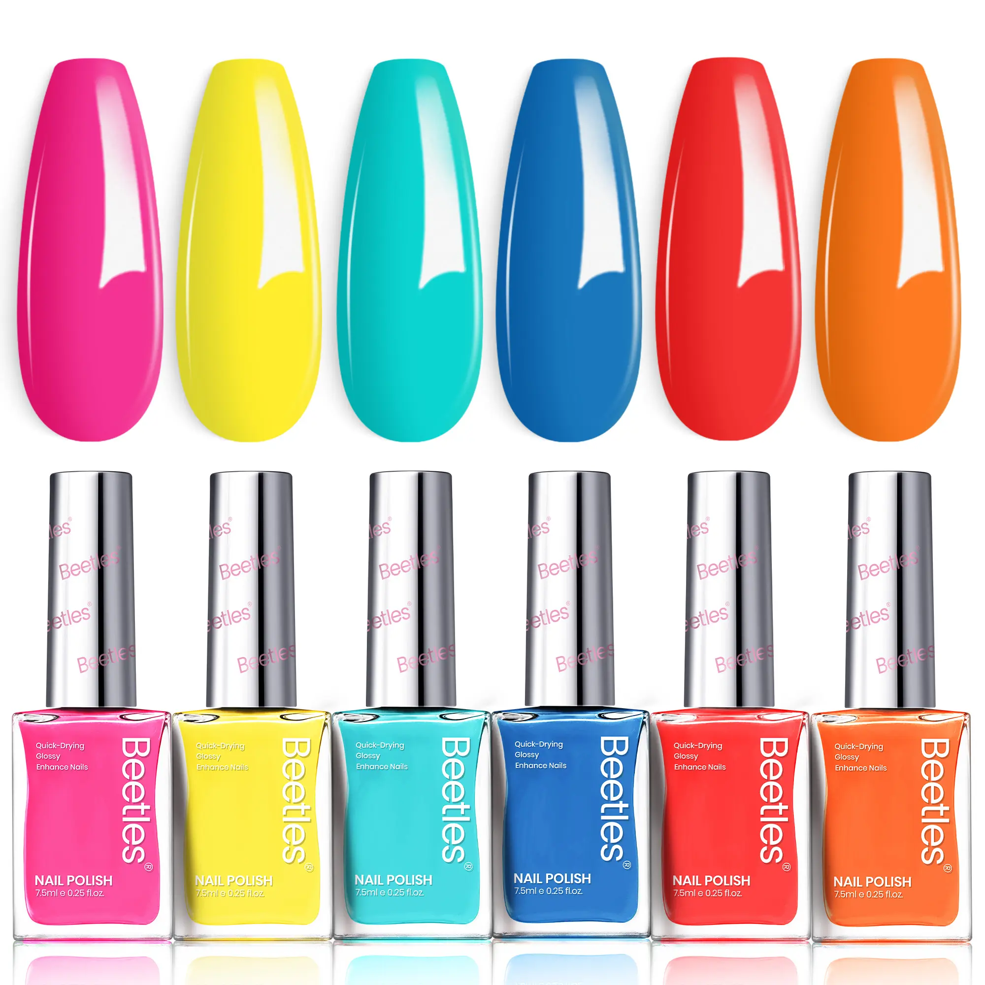 Beetles Neon Nail Polish Set - Rainbow Sugar Quick Dry Nails Art, 6 Colors Hot Pink Yellow Blue Green Red Summer Nail Polish Set, Air Dry No UV Lamp Needed, Long-Lasting Manicure Salon DIY Home