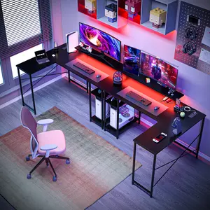 54 inch Reversible L Shaped Desk, Small Gaming Desk, Corner Computer Desk with Storage Shelves, Power Outlets, Monitor Stand, and LED Lights for Home Office, Bedroom