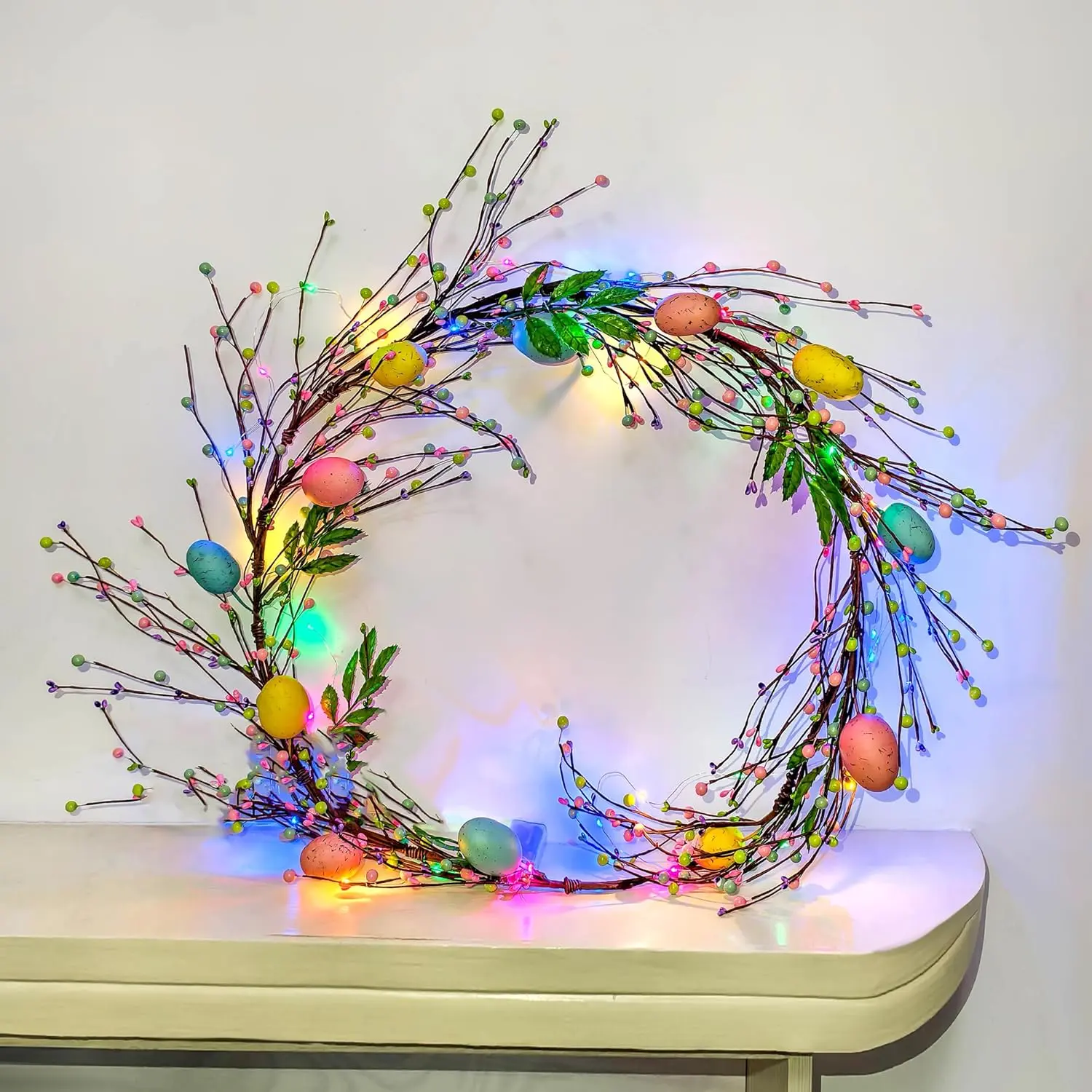 6FT Easter Decorative Garland with Pastel Eggs  Berries and Green Leaves Spring Holiday Home Decor