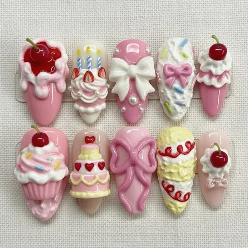 Handmade 3D Cake Cherry Bow Nails, Cute Birthday Press On Nails