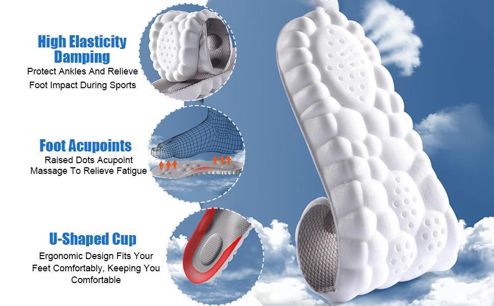 Men's 4D Cloud Soft Design Footwear Insoles, Shock-Absorption Acupressure Shoe Inserts, Breathable 3D U-Heel Cup Massage Footbed for Work Boots, Foot Pain Relief, Dry Feet Solutions