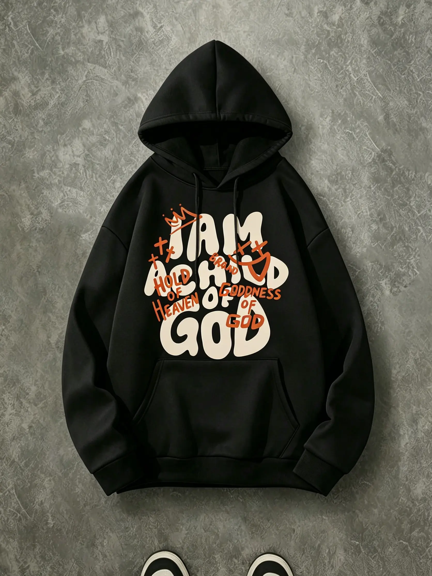 I Am A Child Of God Groovy Bubble Letter Hoodie, 270G Brushed Fleece Cream Orange Crown Cross Hand Drawn Christian Front Print Black Hooded Sweatshirt, Y2K Faith Streetwear Pullover For Men & Women