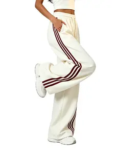 American retro three-stripe straight sweatpants with a drapey feel, mid-rise waist, drawstring, side color-block stripes, and adjustable cuffs—casual, versatile everyday long pants for spring/summer, Y2K hot-girl slim-fit athletic streetwear pants.