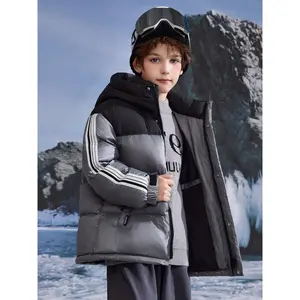 Boys' Color Block Hooded Jacket with Striped Accents - 90% White Duck Down, Drop Shoulder Long Sleeve, Pockets, Regular Fit Winter Skiing & Outdoor Play, Winter Gear, Casual Style, Durable