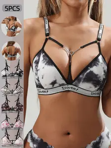5-Piece Seductive Lingerie Set | Fitted Leopard/Floral/Tie-Dye Print Bra with Chain Accent & Glitter "Sweet" Strap Detail Underwear