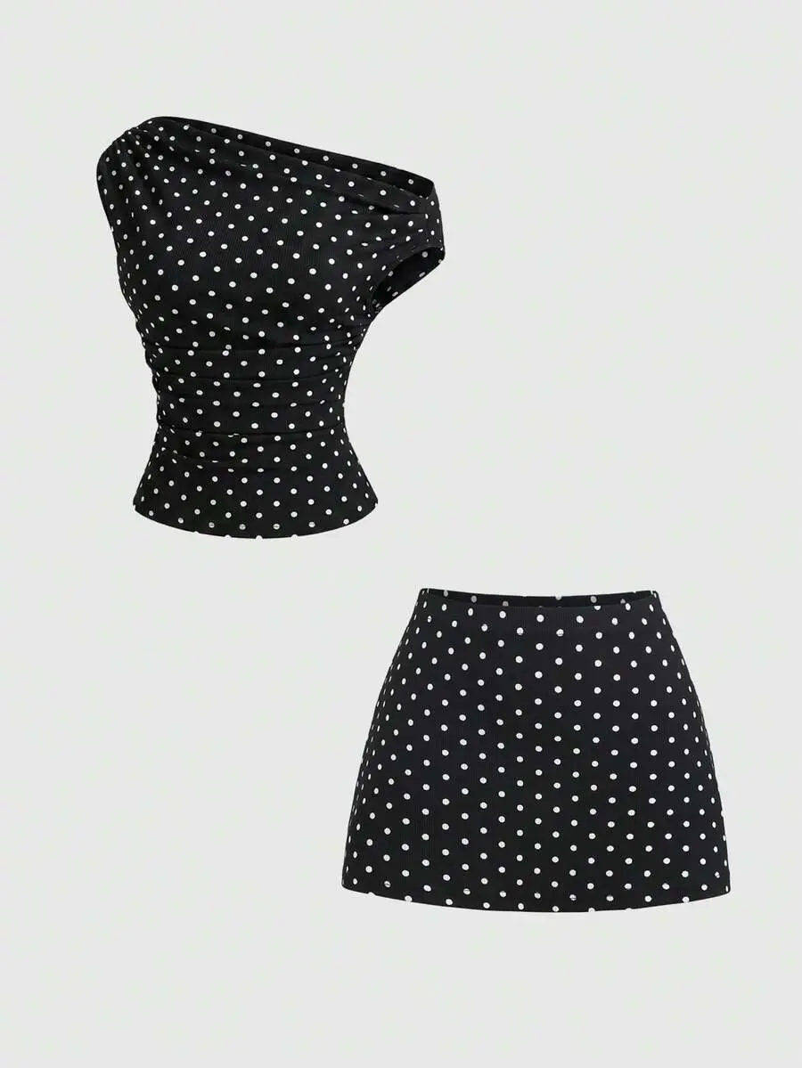 MONASWEET Women's New Fashion Versatile Off Shoulder Black & White Polka Dot Cinched Waist Top + Cinched Waist Black & White Polka Dot Mini Skirt 2-Piece Set