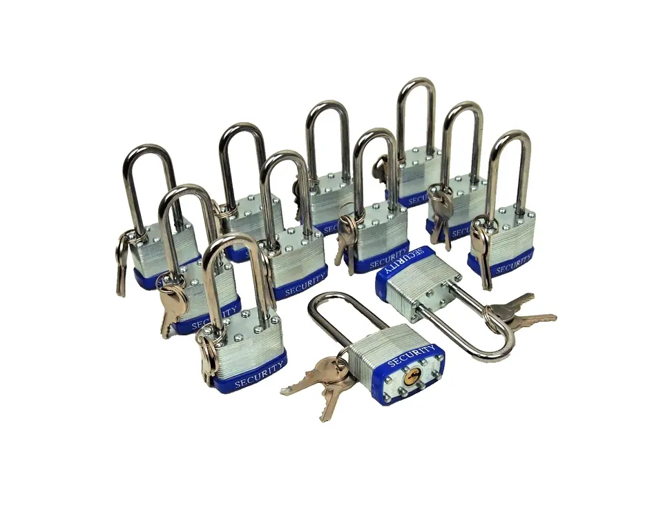 12pc Laminated Steel Padlock Long Shackle 1-1/2 In. 40mm Keyed Alike 24 keys