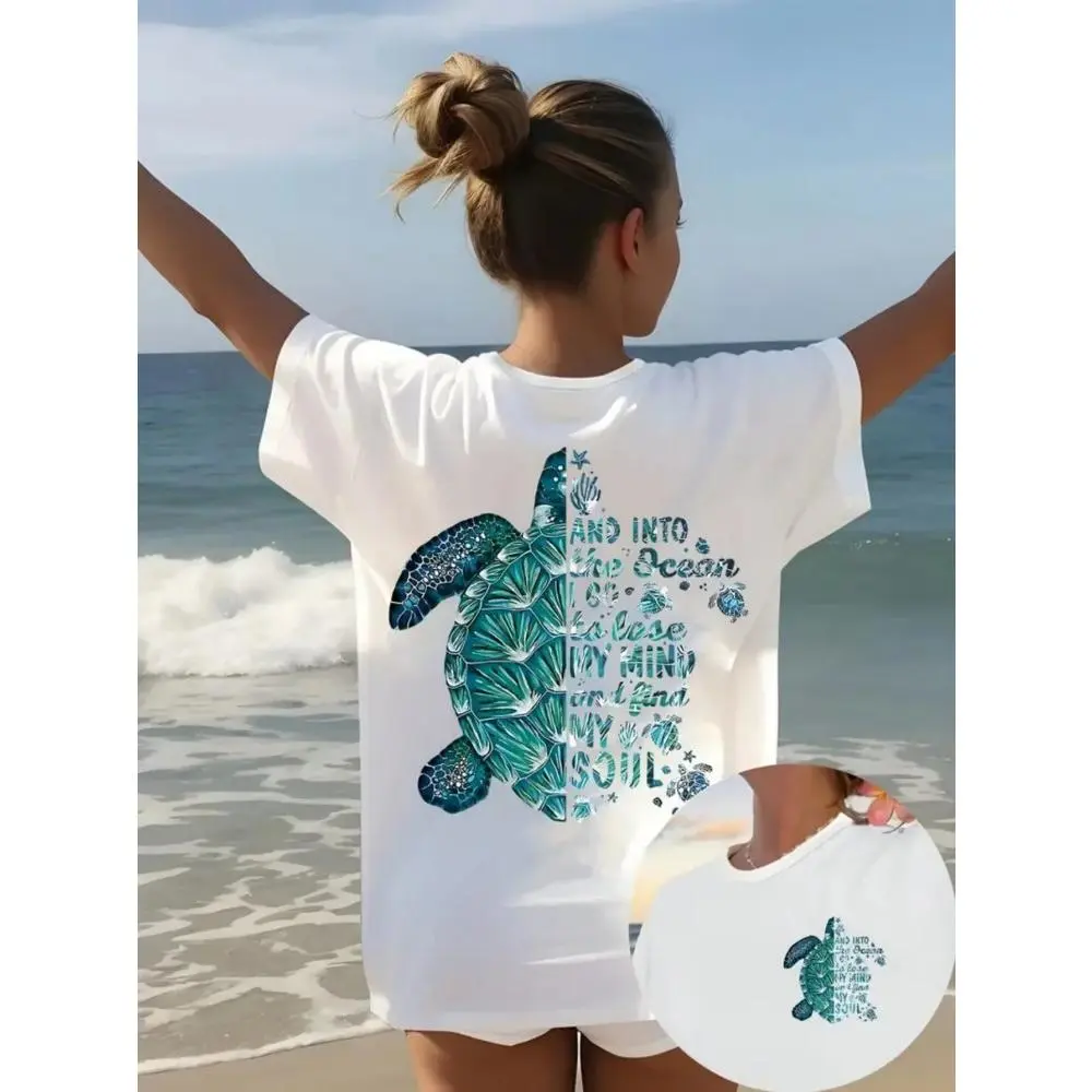 100% Cotton Sea Turtle Ocean Quote Women's Graphic Tee Oversized Tshirts Women Beachy Summer Top Casual Loose Fit Crewneck Short Sleeve Soft Tee Vacation Coastal Outfit