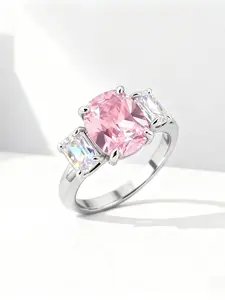 Women's Three-Stone Cushion Cut Colored Zircon Ring, Emerald Cut Rectangular Side Stones, Silver Plated Statement Engagement Jewelry