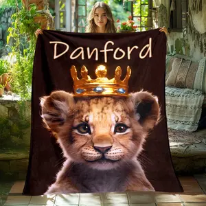 Personalized Lion Cub with Crown Print Throw Blanket, Custom Name Kids Themed Cozy Blanket, Soft Fluffy Lightweight Blanket for All Seasons, Anti-Pilling Washable Decorative Blanket